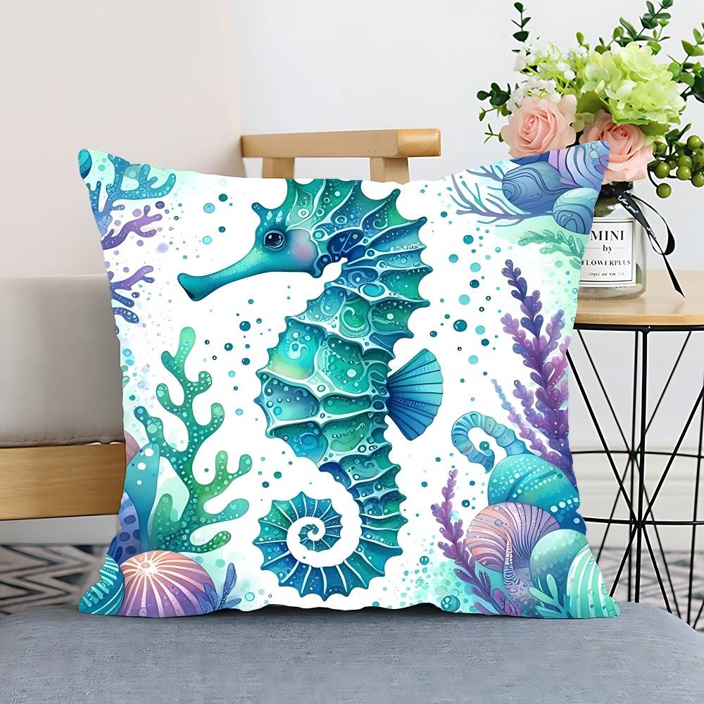 Seahorse Whale Starfish Turtle Blue Ocean Pillow Case Cushion Cover Polyester Decorative Sofa Cushion Pillowcase Home Decor