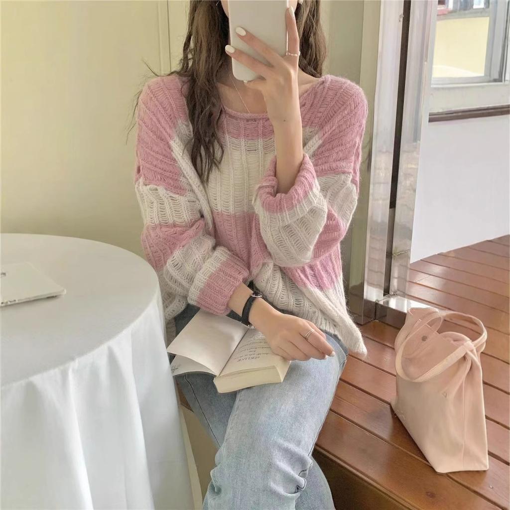 Splicing Design Sense Niche Loose Stripes Hollow Knitted Sweater Women's Spring and Summer Sweet and Gentle Sunscreen Sweater Long-sleeved Top
