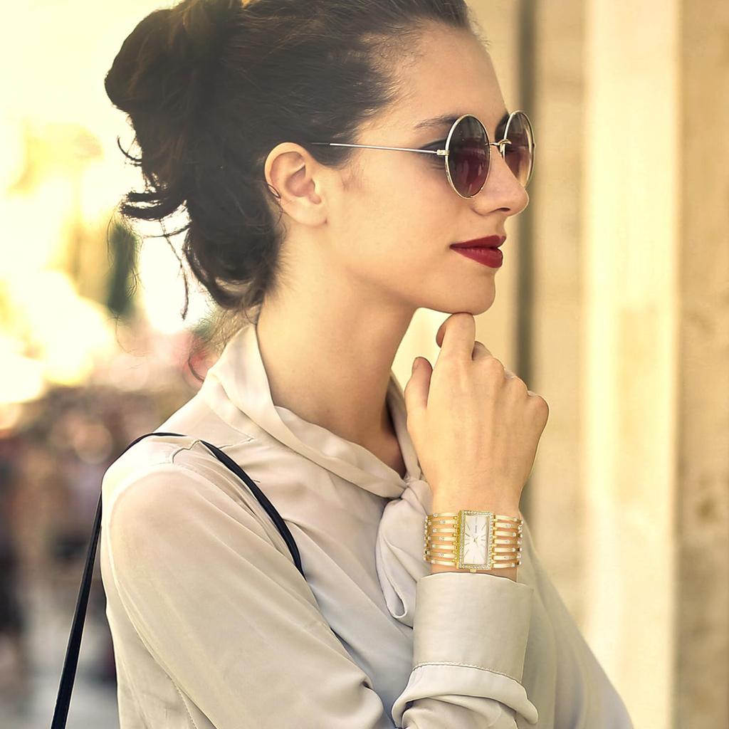 Bling Bangle Bracelet Diamond Analog Waterproof Square Antique Gold Casual Business Fashion Watch Ladies Accessories Birthday Anniversary Day