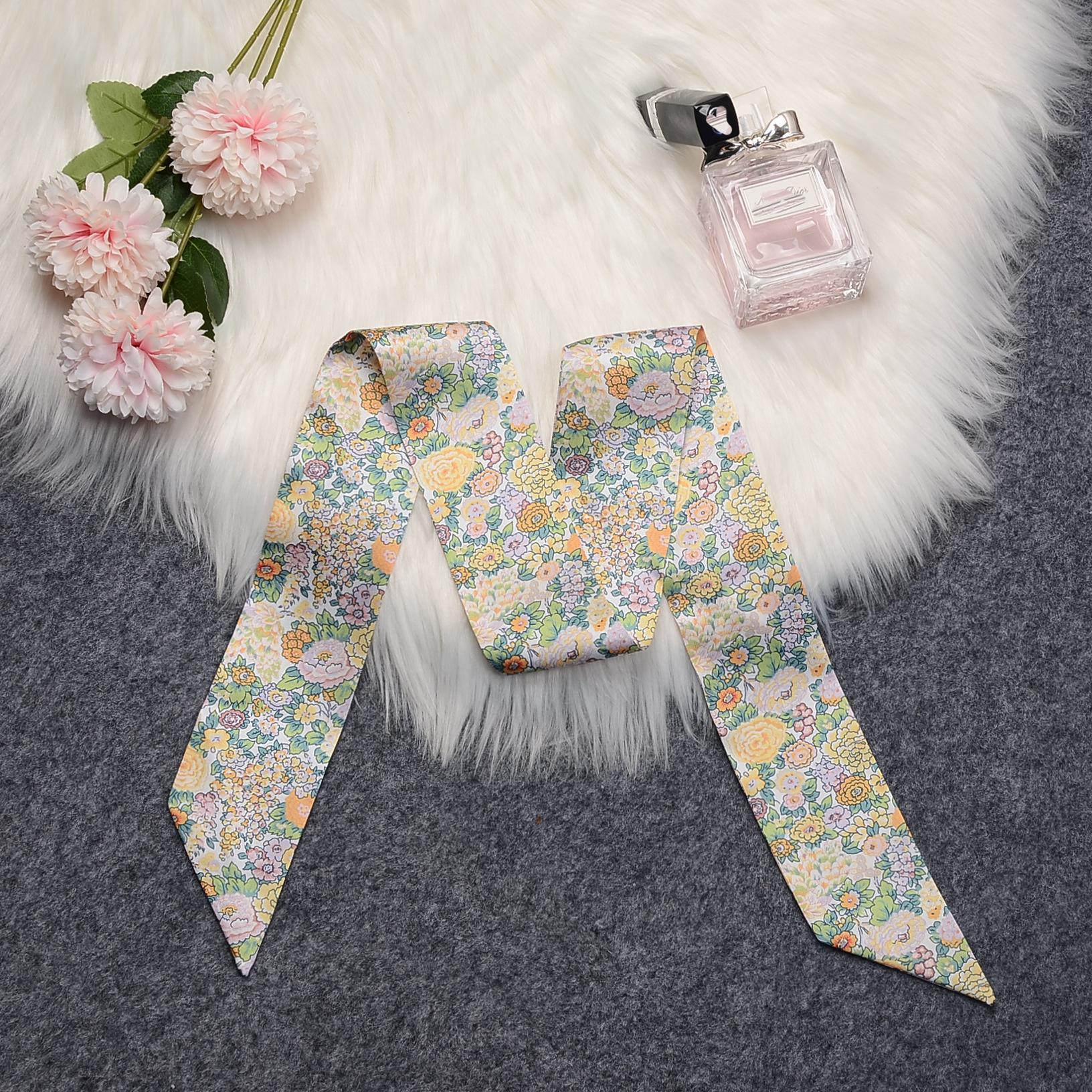 Fashion silk scarf Women s spring flower and grass silk scarf, headband, tied bag handle, small ribbon, hand gift, decorative slender ribbon. 100*6cm