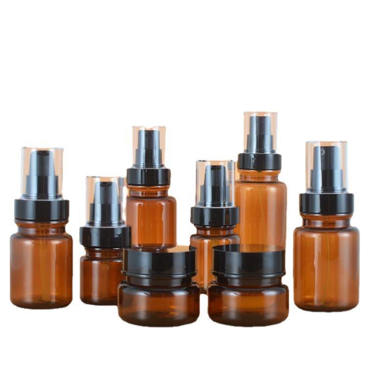 Lagerndes Kosmezeutisches Set: 30g Braunglas-Cremetiegel, 40ml Lotionflasche, 60g Flasche, 150ml Professional Line Flasche