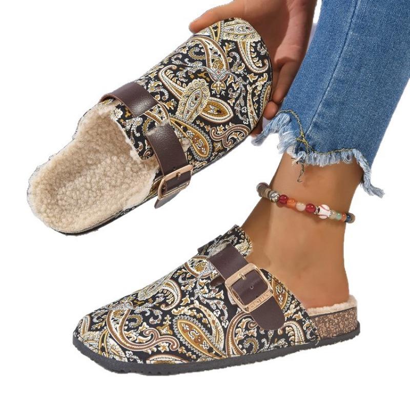 Foreign Trade New Large-size Ethnic Style Bag Head Rear Empty Slippers Women's Cross-border Flat-bottom Printing Muller Half-tray Women's Shoes