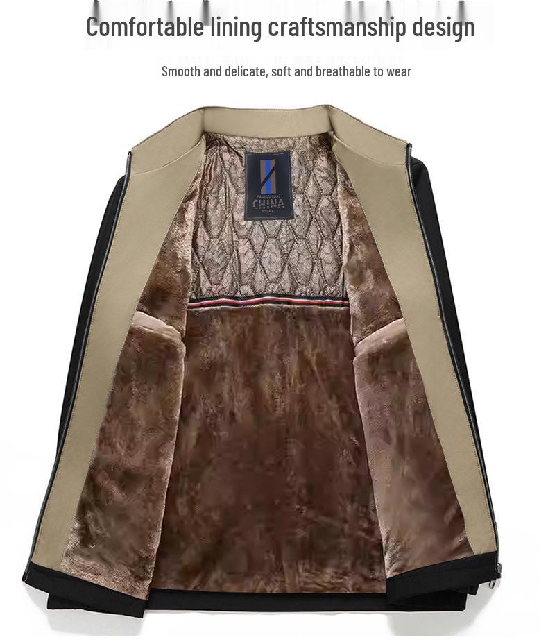 Men's Business Plus Velvet Thick Jacket - 2025 Autumn/Winter, Loose Fit, Stand Collar, Casual Dad Coat for Middle-aged & Elderly