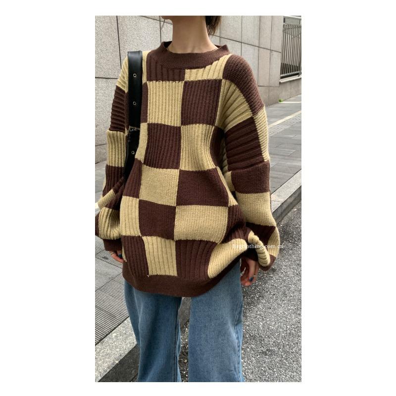 

Осень и зима новый клетчатый свитер женский ленивый стиль старший дизайн чувство маленького свитера мягкий вощеный снаружи носить One size