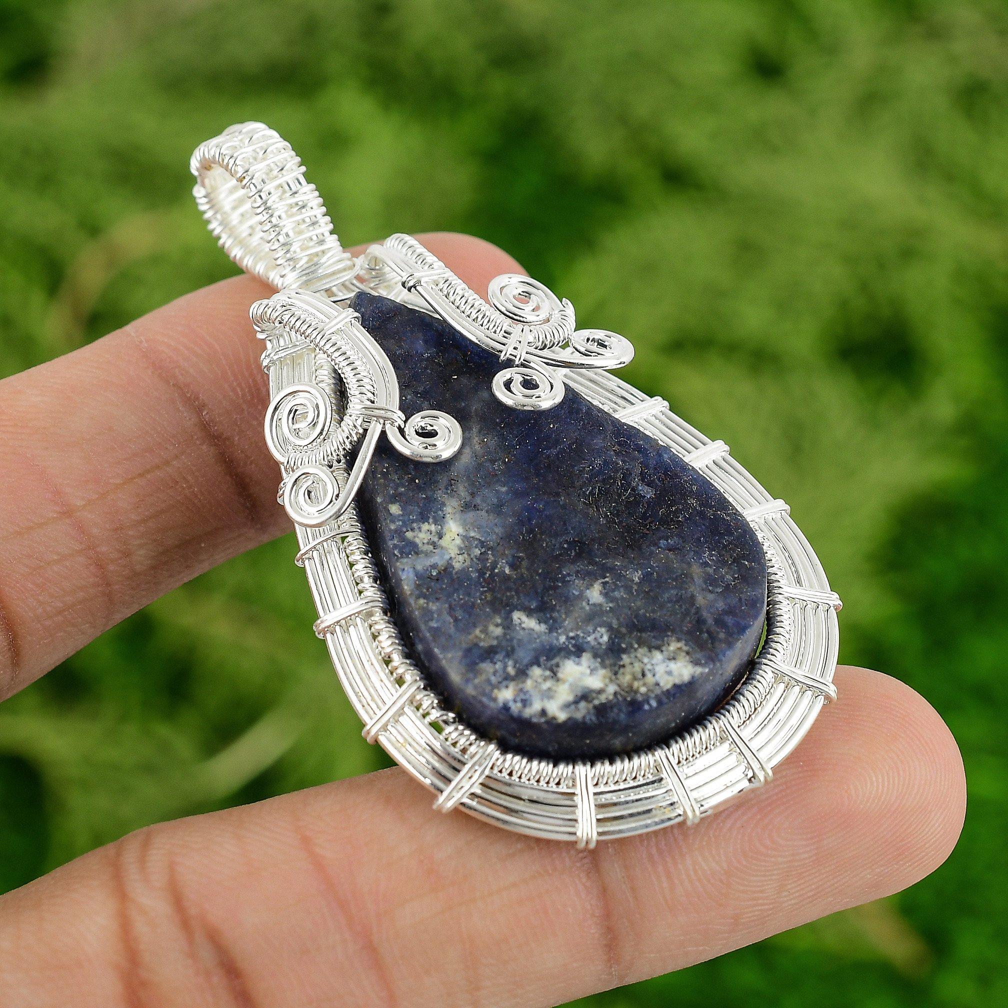 

925 Sterling Silver Sodalite Rough Stone Wife Wire Wrap Birthday Wedding Pendant