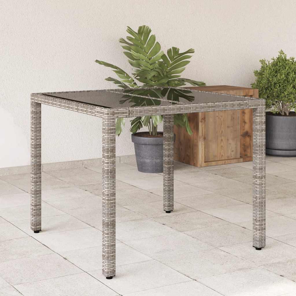 Garden Table with Glass Top Gray 90 x 90 x 75 cm Poly Rattan