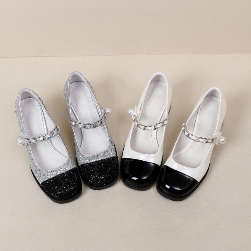 French Retro Thick-heeled Mary Jane Shoes Color Matching Patent Leather Pearl Thick-heeled Single Shoes High Heels Women