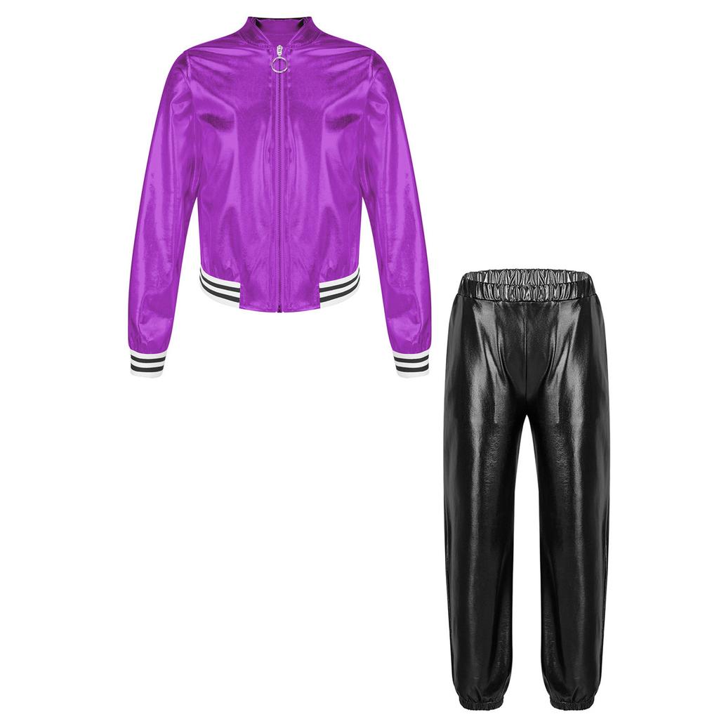 Kids Girls Metallic Long Sleeve Stand Collar Zipper Jacket with High Waist Pants for Sports Workout