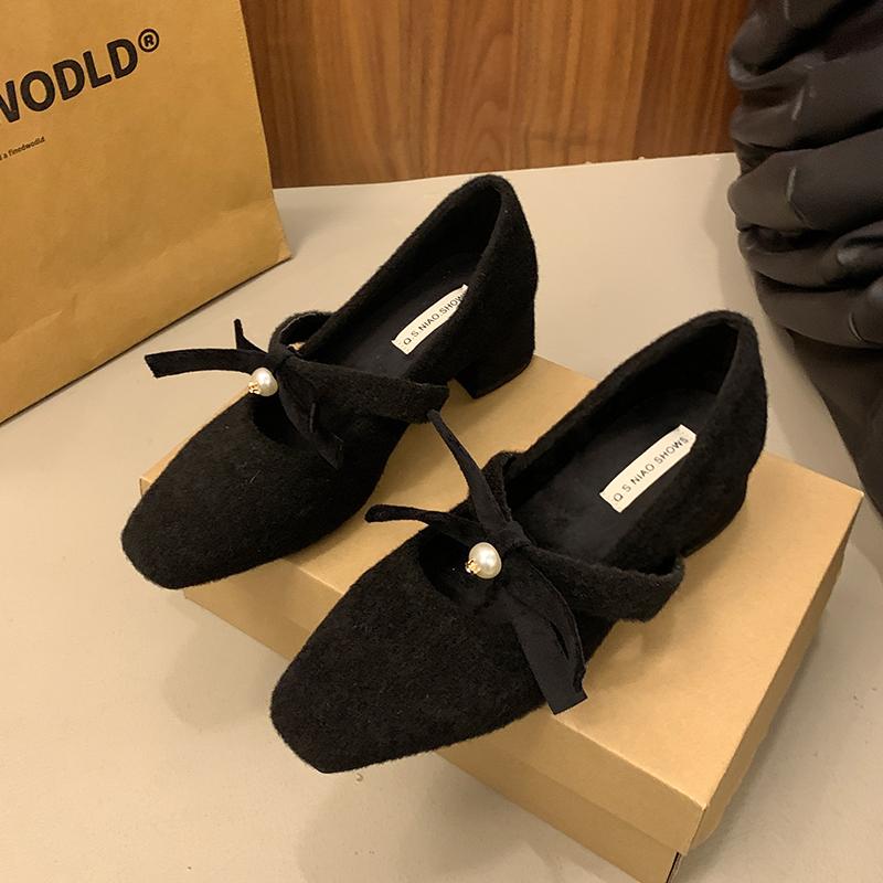 

Модные весенние новые туфли на толстом каблуке, женские модные туфли с квадратным носком и мелким вырезом, из замши, с бантом-бабочкой, нескользящие туфли с низким верхом 45.5 чёрный