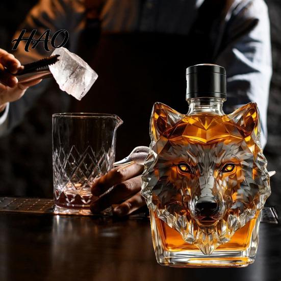 Caraffa in Vetro 300ml Bottiglia per Whisky Forma Testa di Lupo Alta Resistenza Vetro Borosilicato Vino Tappo Ermetico con Design