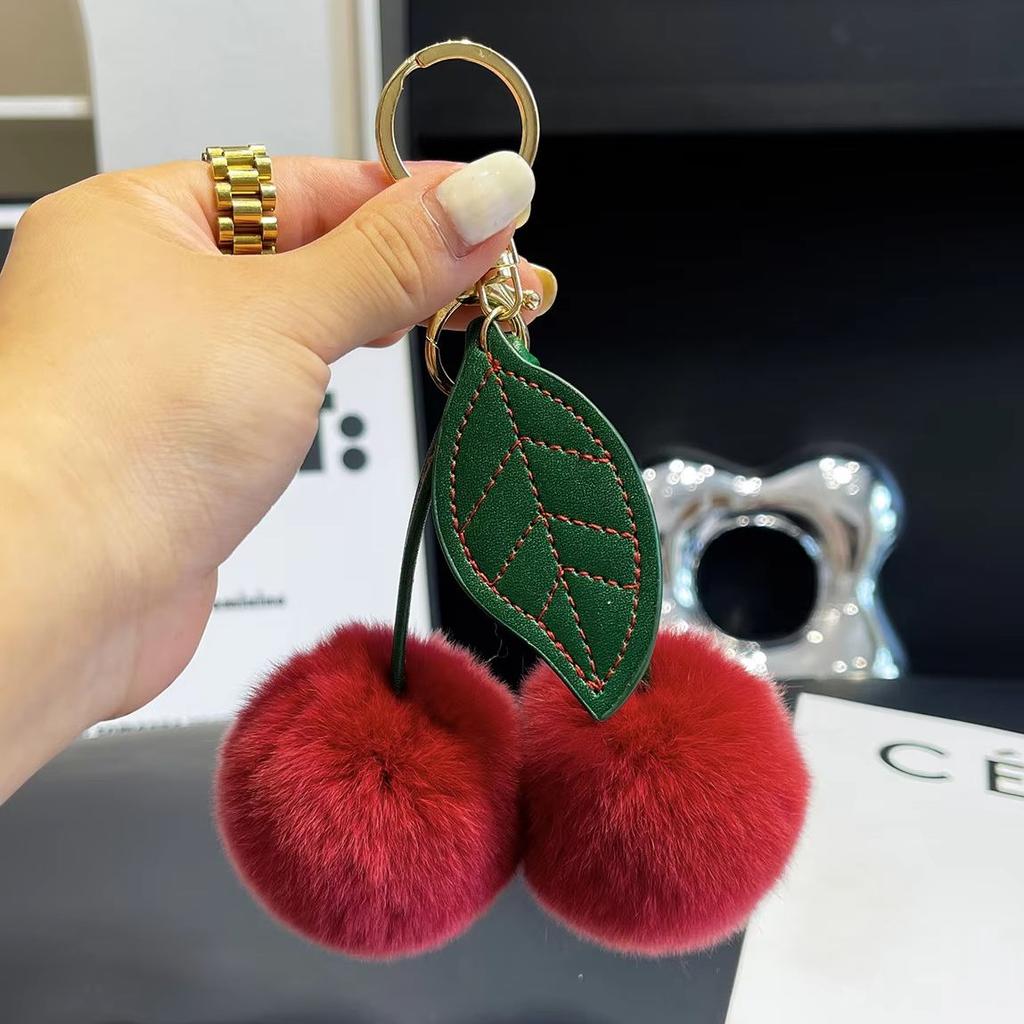 New Red Cherry Pendant Keychain for Women Cute Real Fur Plush Keychains Bag Decorations Car Key Accessories Charm Keyring Gift