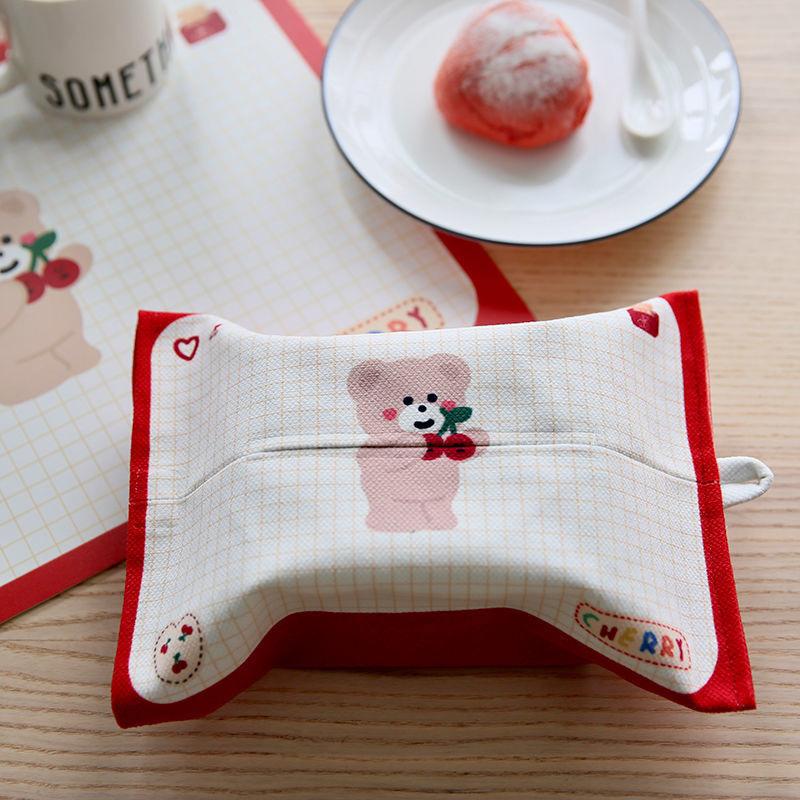 

Cute Cartoon Bear Cherry Pattern Fabric Tissue Bag Hanging Linen Tissue Box Cover For Car Home And Travel Use Desktop Organizer