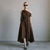 New Summer/Fall Collection Elegant Off-the-Shoulder Waist-Cinched Tie-Front Dress with Asymmetrical Hem for Women