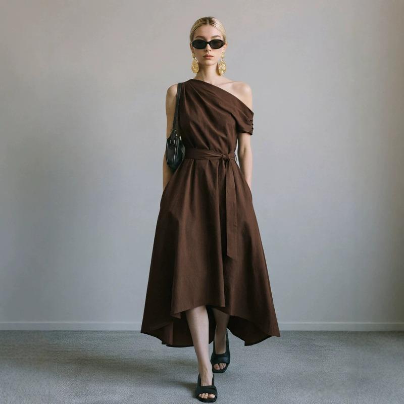 New Summer/Fall Collection Elegant Off-the-Shoulder Waist-Cinched Tie-Front Dress with Asymmetrical Hem for Women