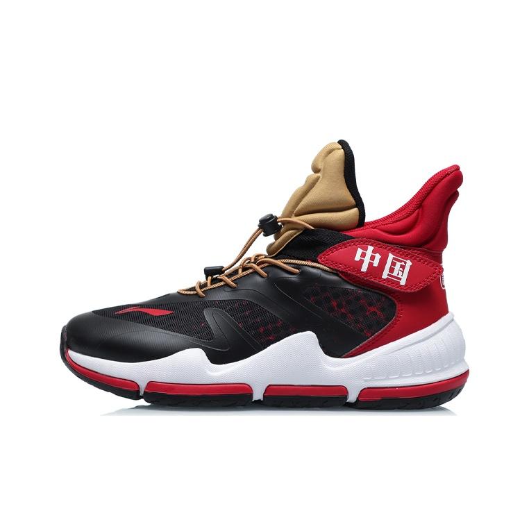 Li Ning Kids High-Top Basketball Shoes Non-Slip Shock Absorbing Wear-Resistant Kids Sneaker Black Red YKBQ036-9