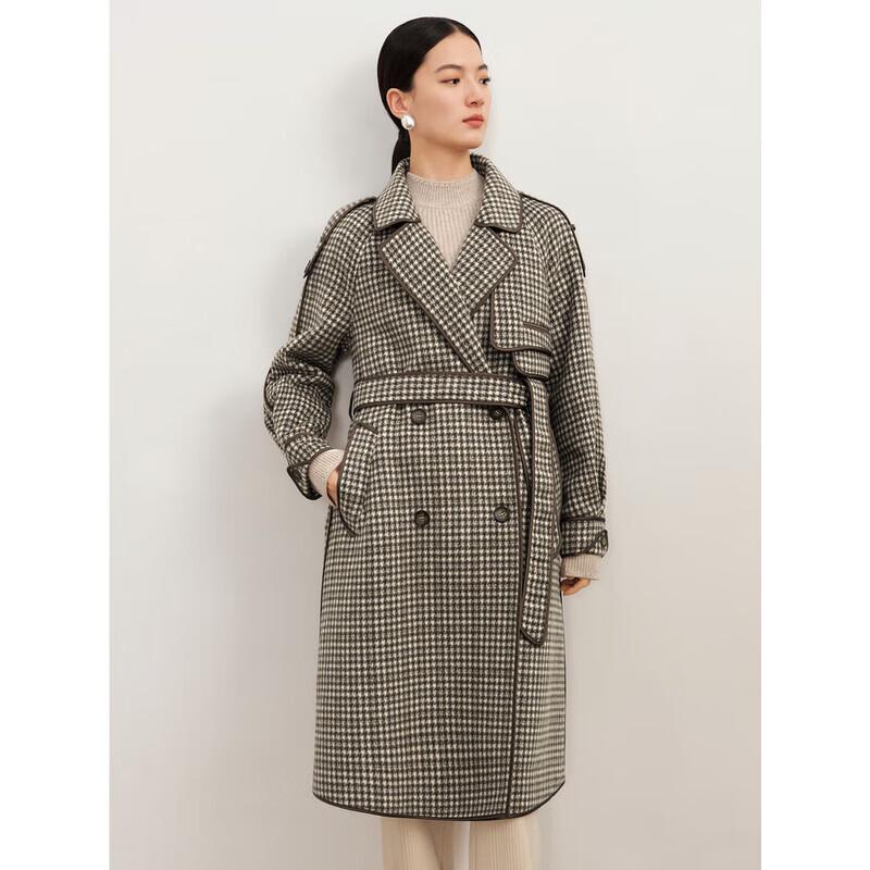 Jiuzi Annakokko Women's Double-Breasted Plaid Wool Blend Long Coat
