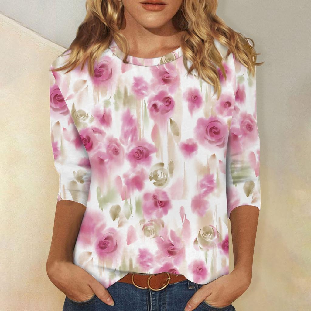 3/4 Sleeve Shirts For Women  Print Graphic Tees Blouses Casual Plus Size Basic Tops Pullover
