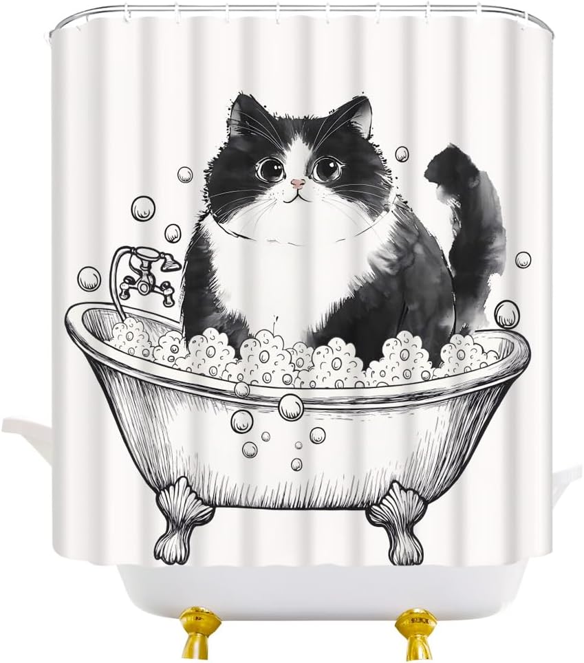 Funny Black Cat Shower Curtain Ink Painting Cute Cat In Bathtub Asian Style Japanese Art Chinese Fabric Bathroom Decor Curtain