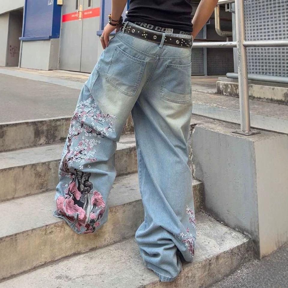 American Retro Slim Loose Jeans Printed Plum Blossom Personalized Fashion Wide-leg Denim Trousers