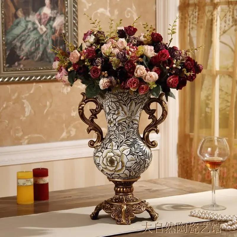 European High-end Home Ornament Retro Luxury Resin Decoration Ornament House Living Room Artificial Flowers Vase