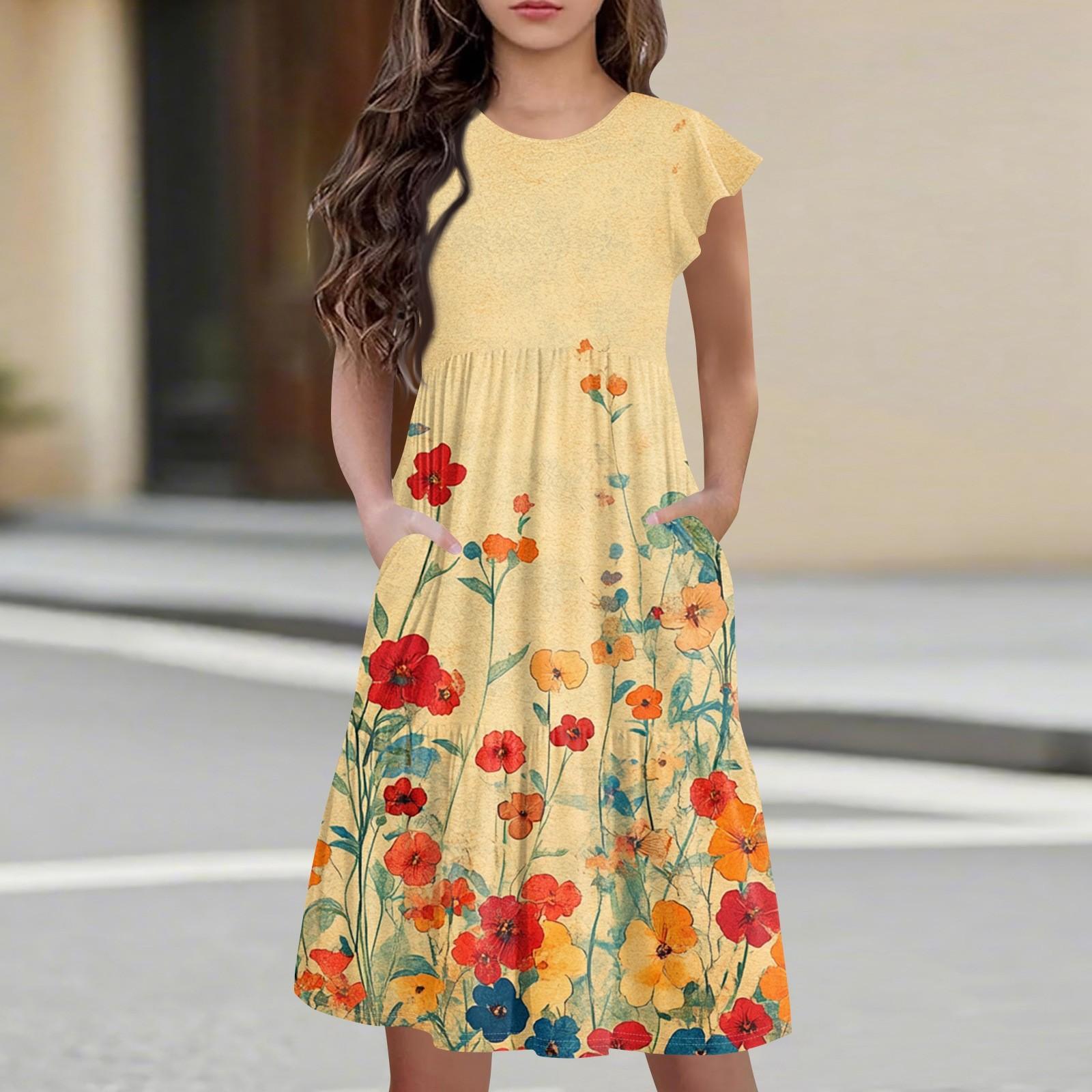 

Детская юбка с круглым вырезом, плиссированная, с коротким рукавом, юбка принцессы, модное повседневное платье с карманами для девочек 110 жёлтый