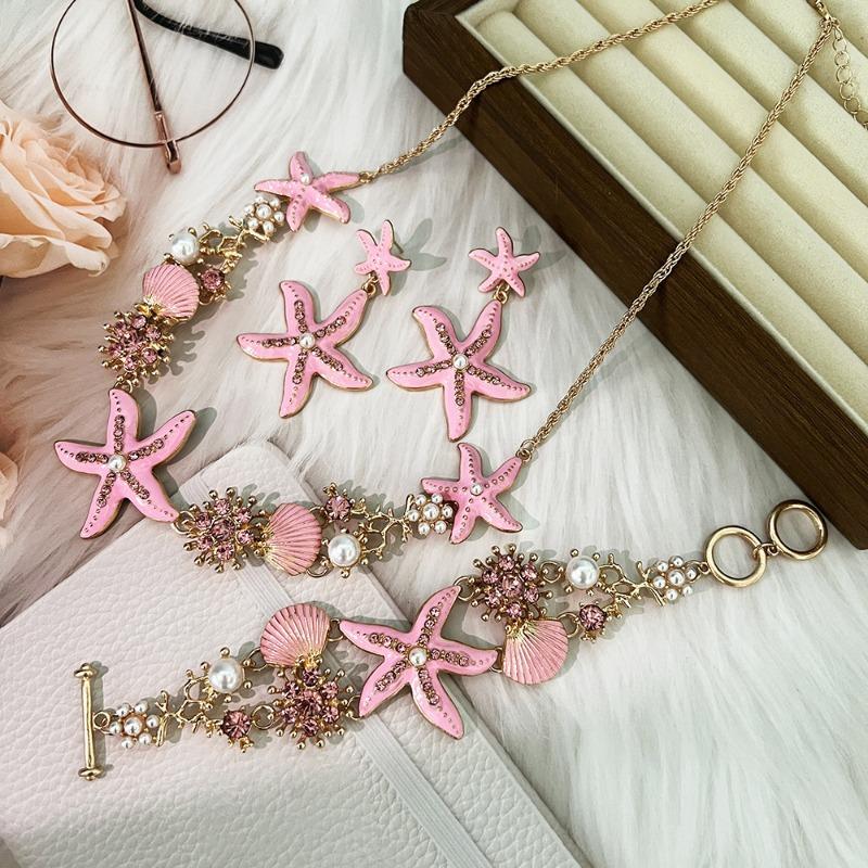 Island style beach starfish vacation four-piece set chain alloy diamond-encrusted bohemian shell jewelry