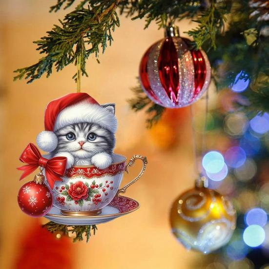 Acrylic Teacup Cat Hanging Ornaments Cute Cartoon Cat Christmas Ornament 2D Flat Car Mirror Charm for Christmas Tree Decoration KTY