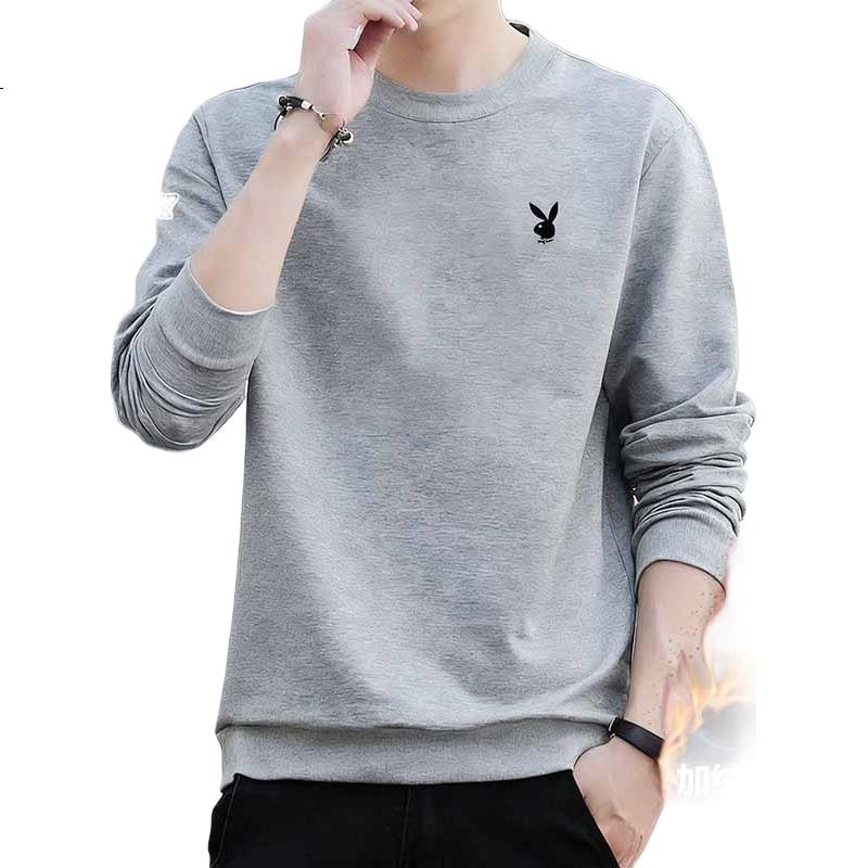 PLAYBOY Men's Long Sleeve T-Shirt Autumn Winter Fleece Lined Warm Crew Neck Casual Base Layer Black Fleece 5XL