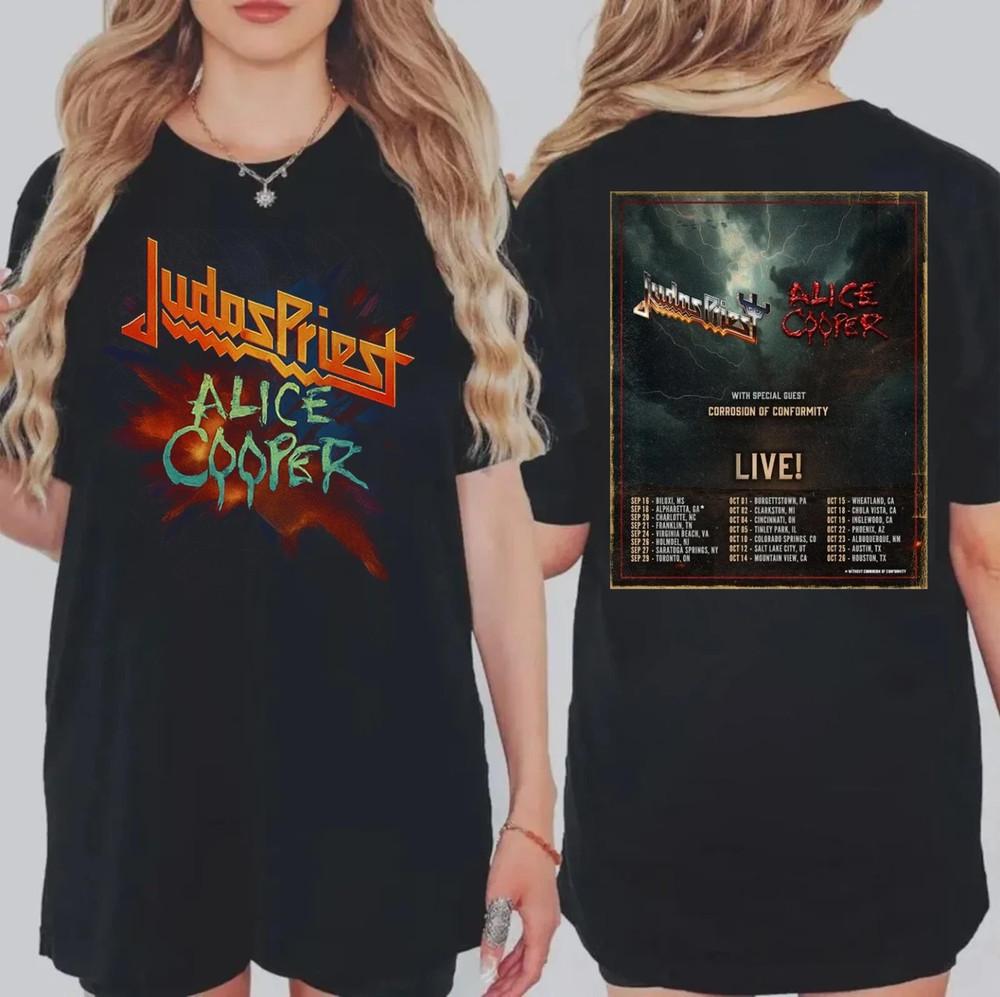 

Judas Priest And Alice Cooper North American Tour Date 2025 Double-Sided T-Shirt 4XL