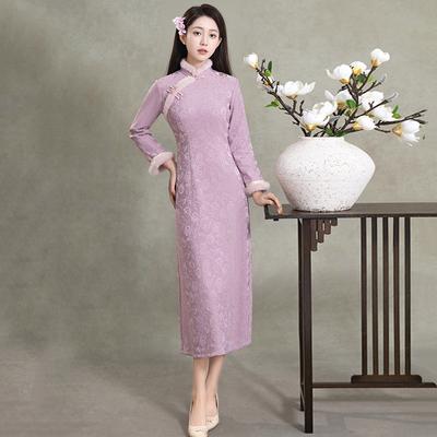 Pink Thickened and Velvet Winter Clothes Look Thin New Chinese Long-sleeved Cheongsam Improved Young Women's Retro Autumn and Winter