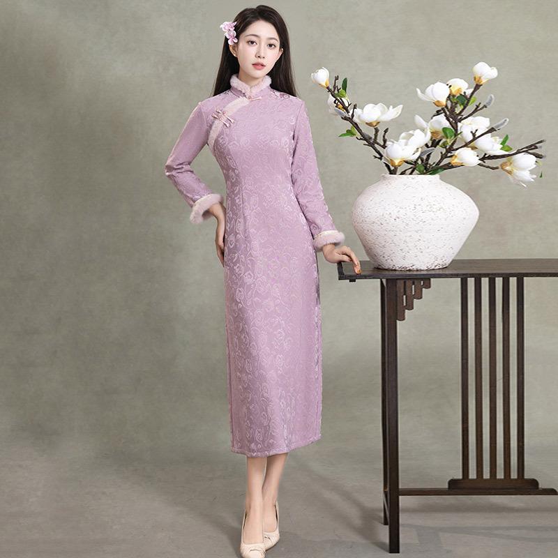 Pink thickened and velvet winter clothes look thin new Chinese long-sleeved cheongsam improved young women s retro autumn and winter M