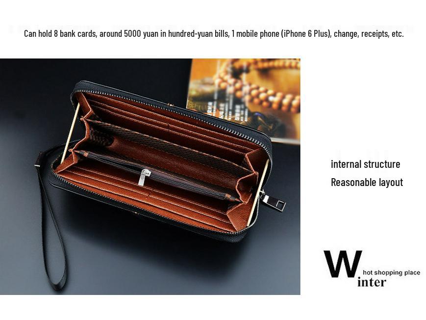 Nová pánská dlouhá zipová peněženka: Business Casual Peněženka z měkké kůže s velkou kapacitou na karty a telefon.