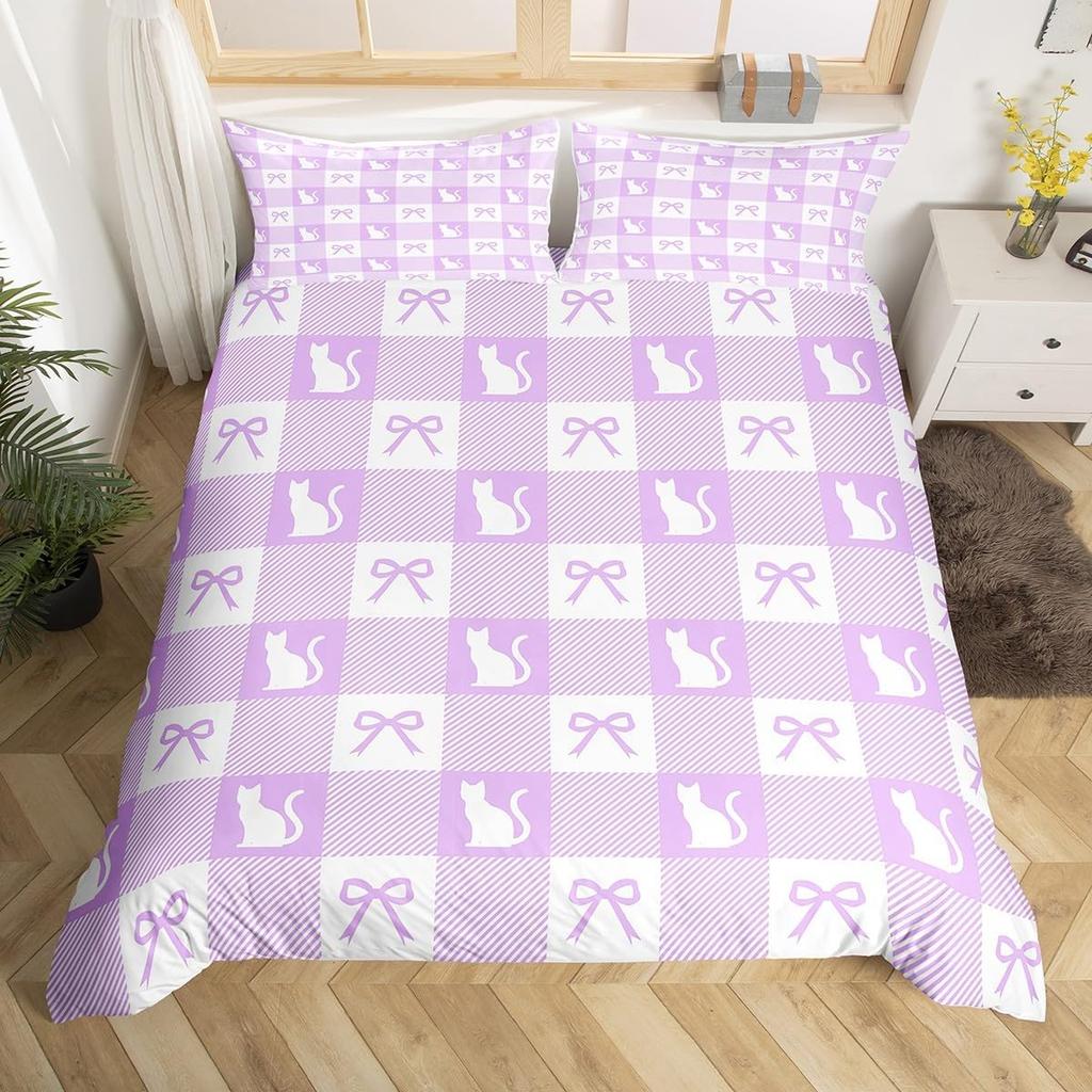 Comforter Geometric Plaid Cute Bow Queen King Size For Adults And Teens Cartoon Animal Footprint Bow Bedding Set 3 Piece Set