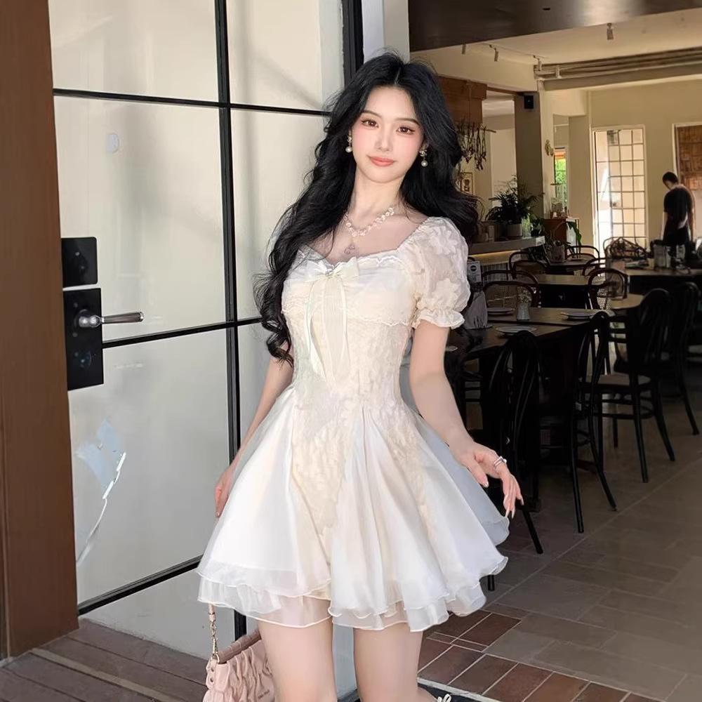 French high-end princess tulle splicing dress waist and thin small temperament cake dress female summer