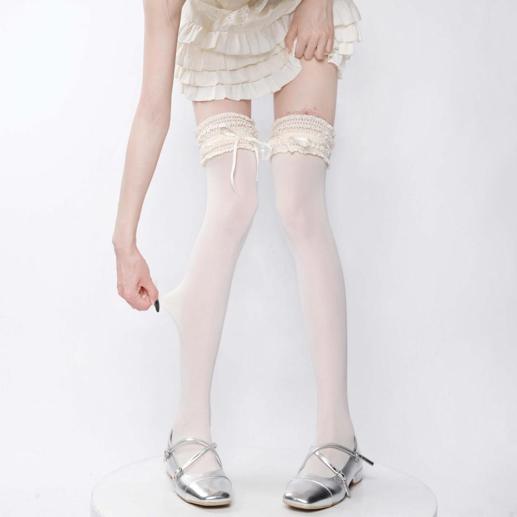 White Velvet Calf-Length Ballet Socks with Lace Trim - Lolita Japanese Style
