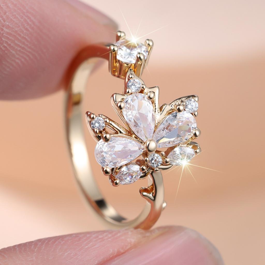 Elegant Gold Rotating Flower Open Ring Flower-shaped, Densely Inlaid Synthetic Cubic Zirconia Exquisite Everyday Jewelry for Women