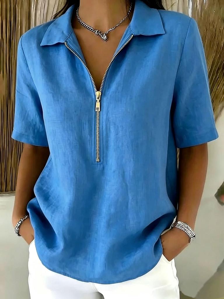 Women Casual Solid Color Lapel Zip Half Sleeve Fashion Blouse