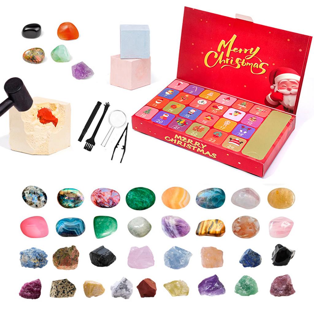 Gemstone Advent Calendar 24 Days Natural Crystal Mineral Dig Kit Christmas Gift Box Ornaments for Enthusiasts
