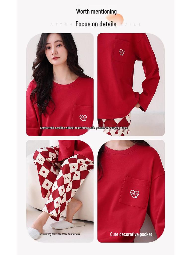 Women's Double-Sided Cotton Pajama Set with Chest Pads - Round Neck, Long Sleeve, Long Pants Pullover Style