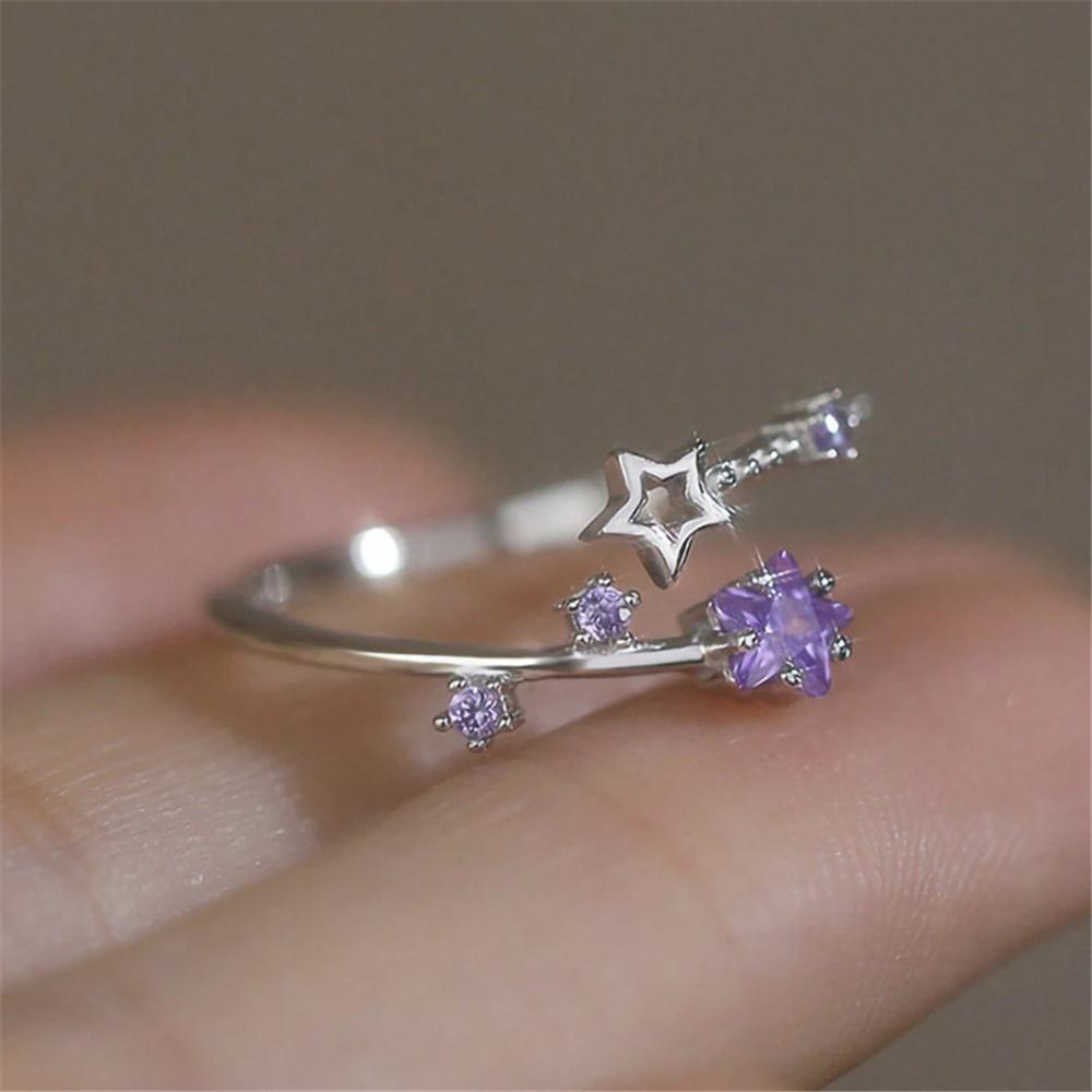 Cute Female White Purple Stone Silver Color Star Wedding Rings Promise Open Adjustable Engagement For Women