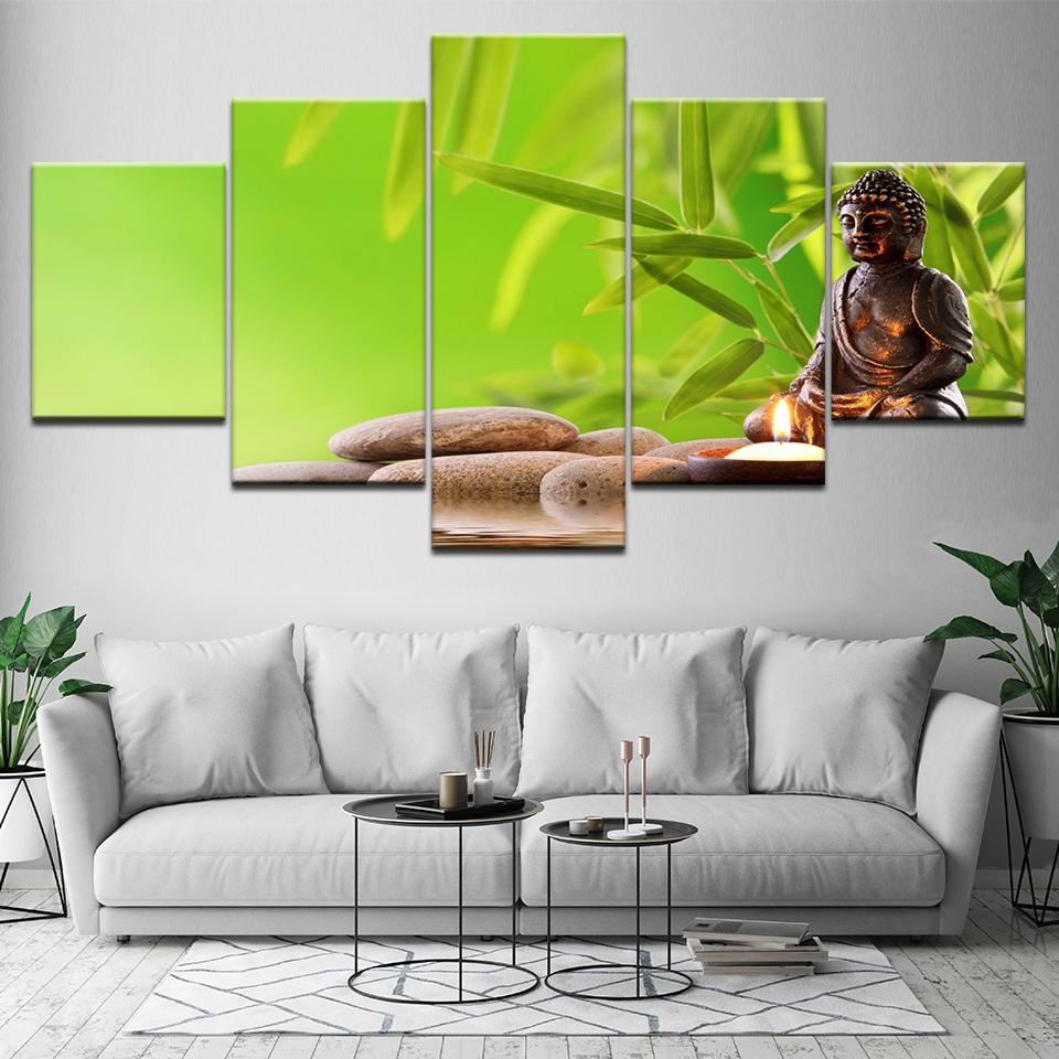 The little Buddha and green leaves 5 Piece HD Wallpapers Art Canvas Print modern Poster Modular art painting Home Decor