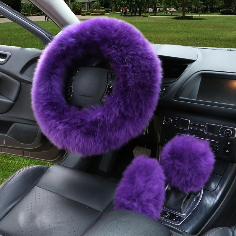 3pcs/set Winter Wool Car Steering Wheel Cover Long Australian Wool Heated Fur Steering Wheel Cover Handbrake Gear Shifter Cover