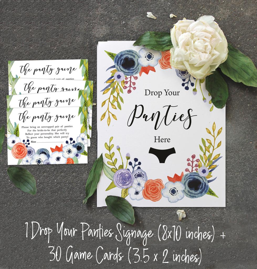 Inkdotpot Bridal Shower Game 1 SignA    30 Size CardA  White Floral Girls Night Out Bachelorette Party Drop Your Panties