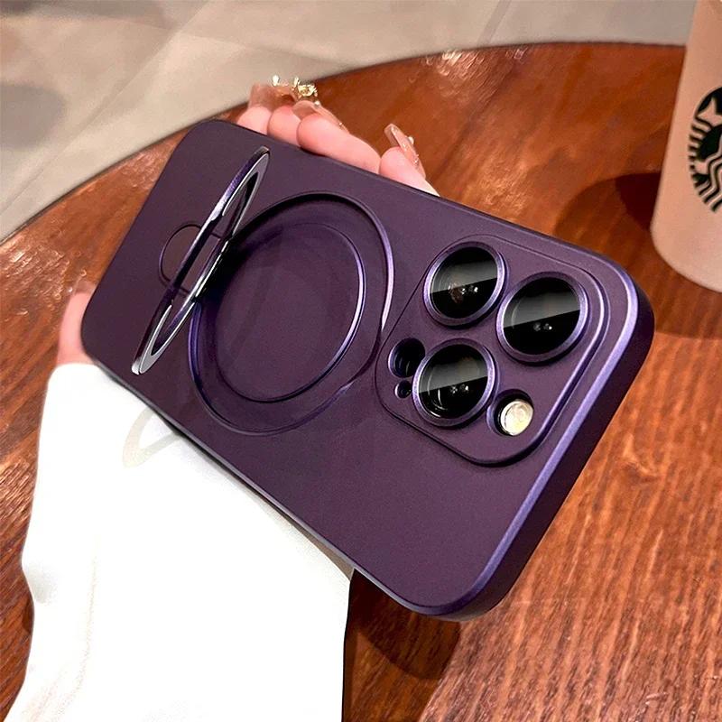 Luxury Matte TPU Case For iPhone 16 15 14 13 12 Pro Max 15Pro 14Pro For Magsafe Mag Safe Magnetic Charge With Stand Holder Cover