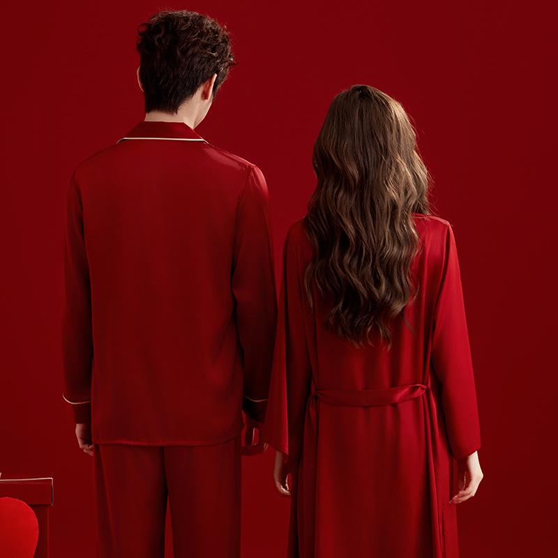 Couple pajamas wedding wedding high-end suspender morning robe birth year long sleeve ice silk red men and women dowry suit