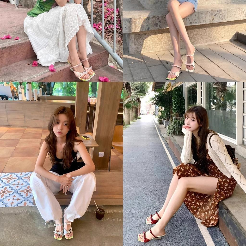 "Ziyan" Small Floral~ Sweet Wind Thick Heel Sandals Women's Summer New Bow Word with Wedge Heel Sandals