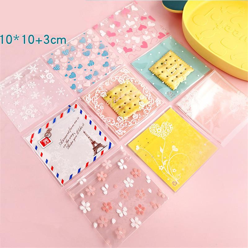 100 Pcs 10x10+3cm Flower Pattern Printed Plastic Bags Cookie Biscuits Snack Self Stick Package For Wedding Party Gift