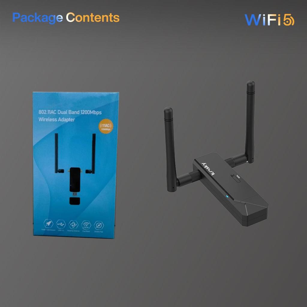 Kosky 1200Mbps Wifi Adapter WiFi 5 Daul-band 802.11ac USB2.0 Boost Your Internet Speed with 1200Mbps  Wireless USB Wifi Adapter