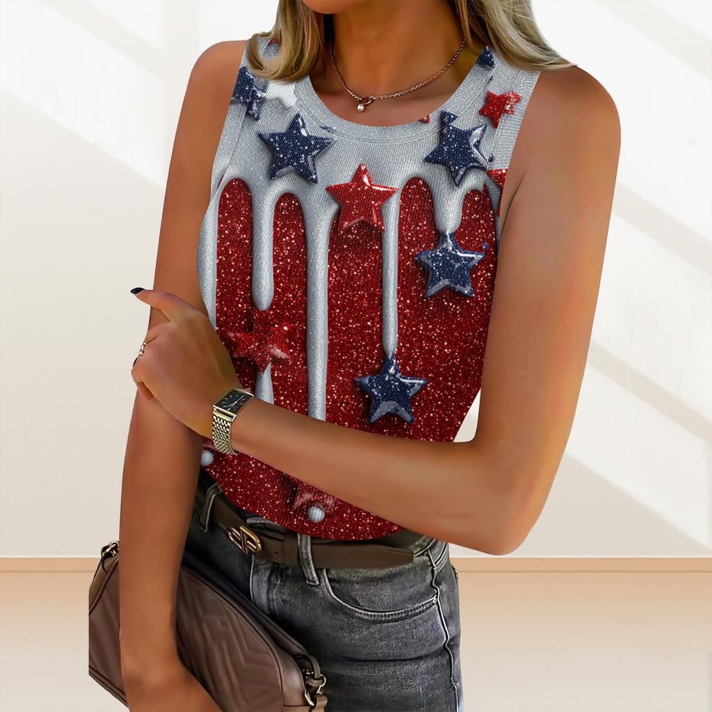 Women's Summer Fashionable Casual Independence Day Printed Round Neck Sleeveless Top Fitted Vest