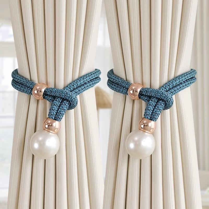 2Pcs Pearl Curtain Tiebacks, Curtain Pearl Tiebacks, Decorative Fixings, Rope Curtain Tiebacks No Punch Adjustable Pull-Outs